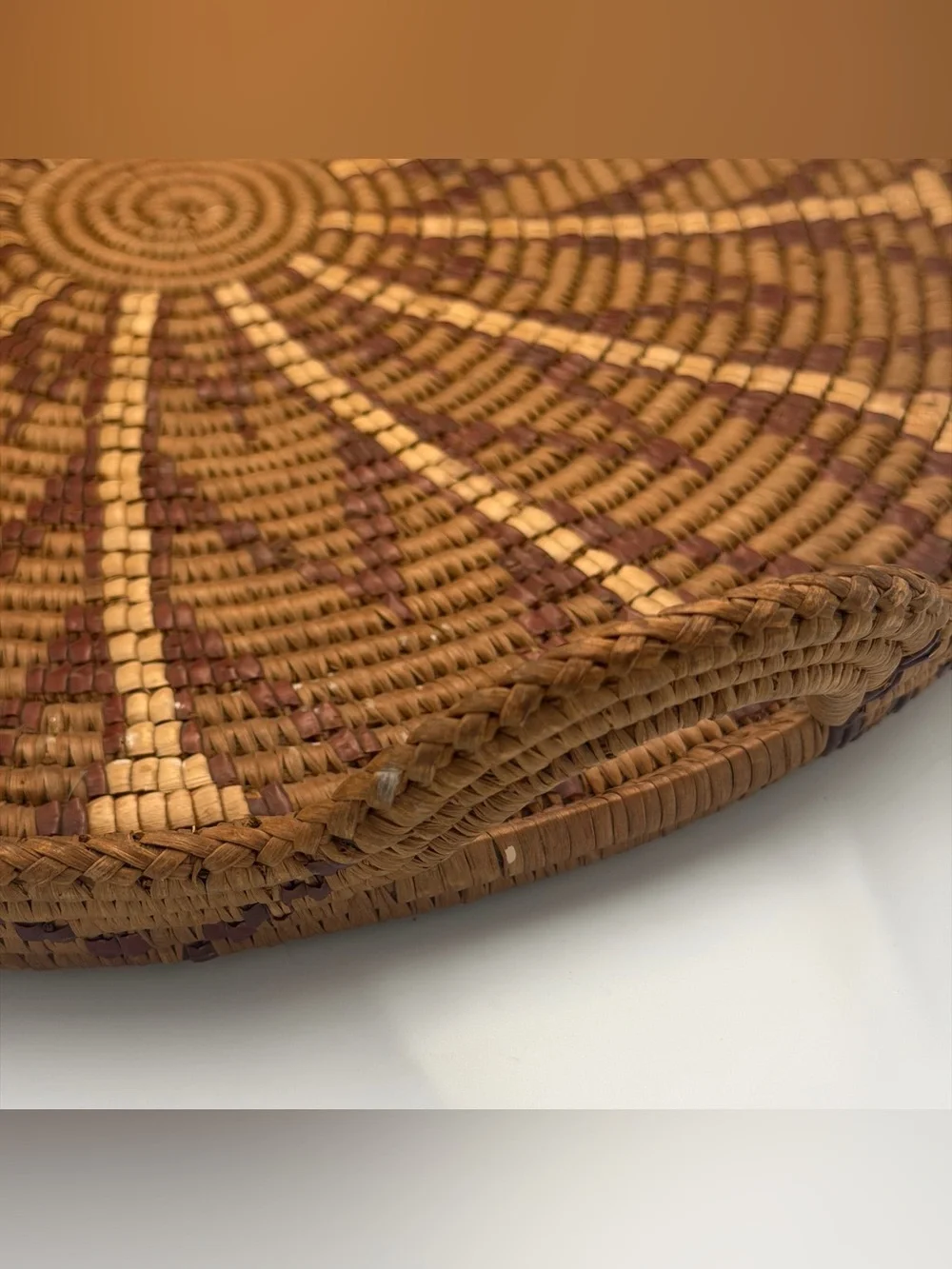 Vintage Hand Coiled Woven Basket Tray With Handles Geometric Boho Decor Brown